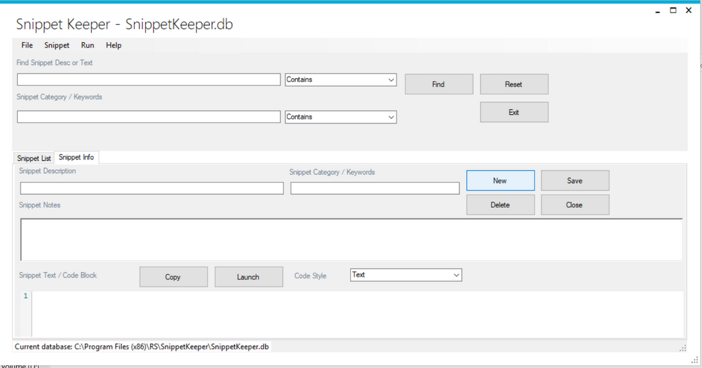 Snippet Keeper Main Window with Snippet Info Grid